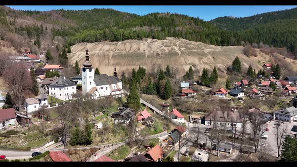 Aerial view of the church in the village of Spania Dolina in Slovakia