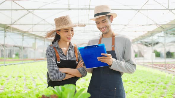 Asian farmers couple work in vegetables hydroponic farm with happiness. alt