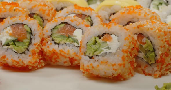 Sushi .Rolls With Different Fillings Inside. Japanese Cuisine