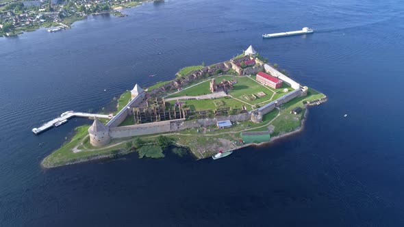Aerial Around View on Fortress Oreshek in Russia alt