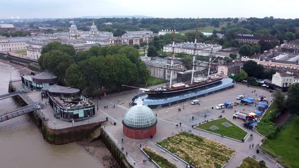Drone View of the Cutty Sark Museum Ship on the Banks of the Thames