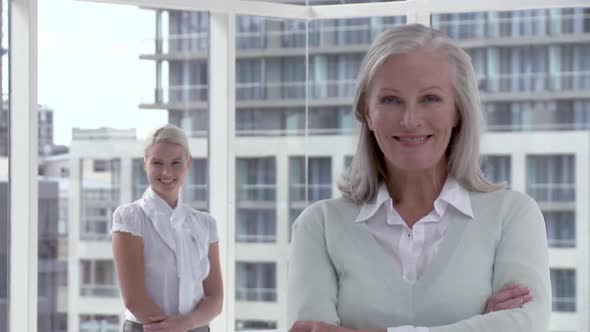Two businesswomen in office, portrait alt