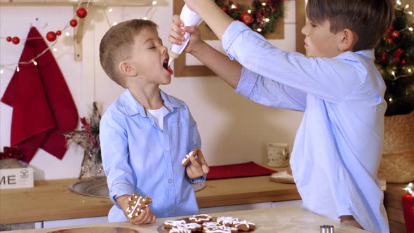 Two Brothers Is Decorating a Christmas Cookies with Pastry Bag at Home Kitchen.