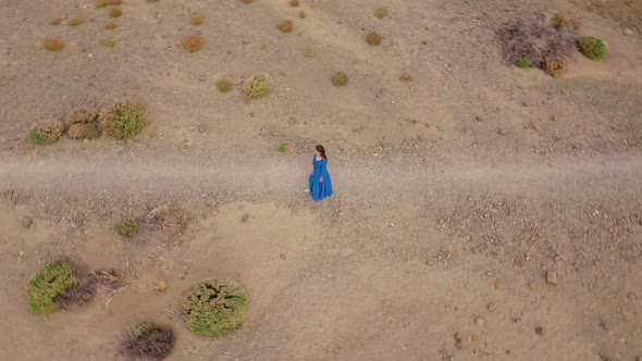 Woman in a Blue Dress in the Middle of a Landscape of Hardened Lava in the Teide National Park alt