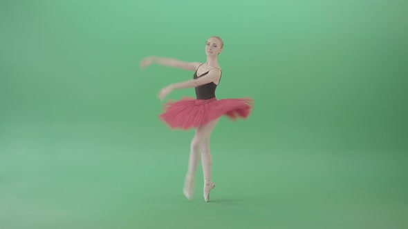 Ballet Girl In Green Screen In Red Black Costume Dancing Classic Dance 4 K Video Footage alt