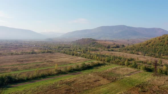 Trucks move along the highway, which stretches among the fields