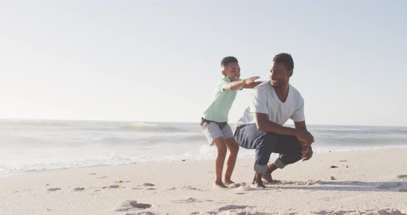 Portrait of smiling african american father carrying son on sunny beach alt