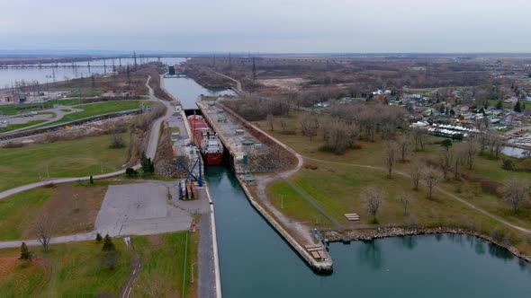 4K aerial footage of the Beauharnois Canal in the St Lawrence Seaway, Canada.