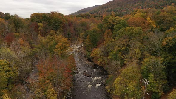 An aerial shot of the colorful fall foliage in upstate NY. The camera dolly in over a black river in alt