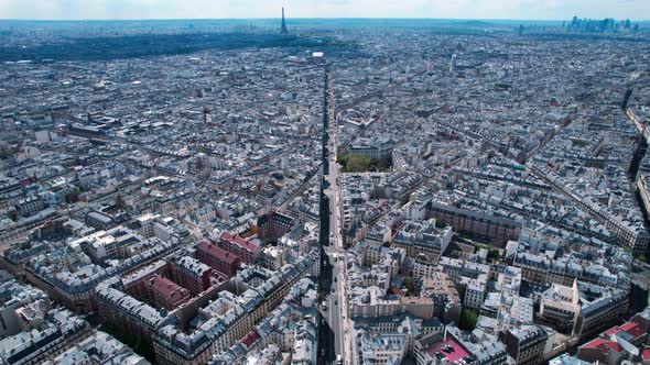 Bird's aerial view of Paris cityscape traffic street, rising up, France, day alt
