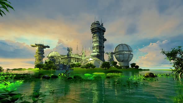Fantasy base on green planet