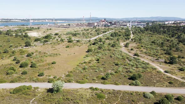 Aerial view of a giant industrial area with factories, Setubal, Portugal. alt