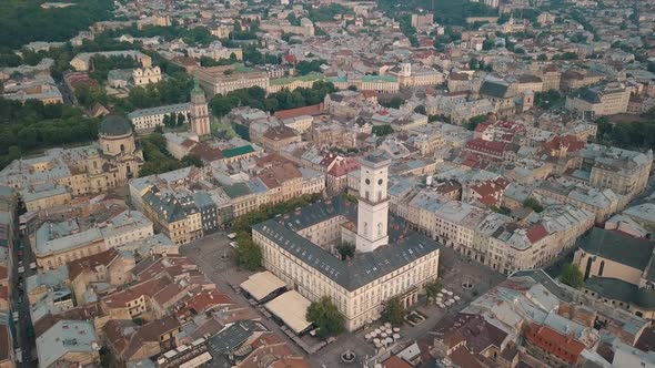 Aerial Drone Video of European City Lviv, Ukraine. Rynok Square, Central Town Hall, Dominican Church alt