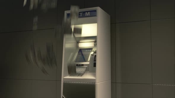 The ATM used to withdraw money. They burst out of the slot and falling down.