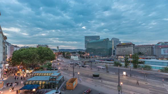 The Schwedenplatz is a Square in Central Vienna Located at the Danube Canal Aerial Day to Night alt
