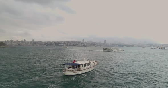 Boat Sailing Bosphorus Aerial View alt