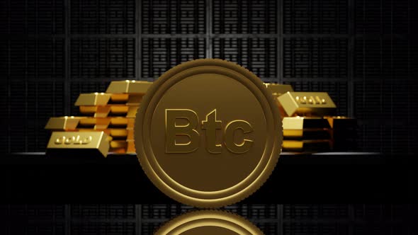 3d Render Golden Bitcoin Btc Spinning with Gold Bars on Background