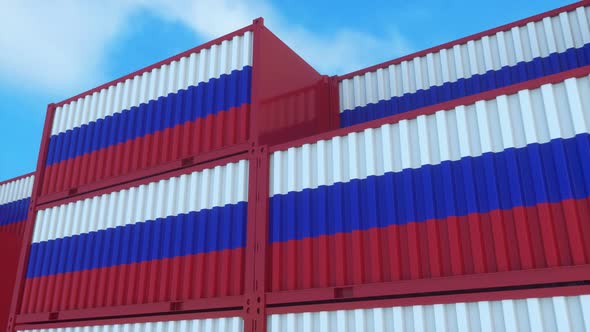 Russia Flag Containers are Located at the Container Terminal alt