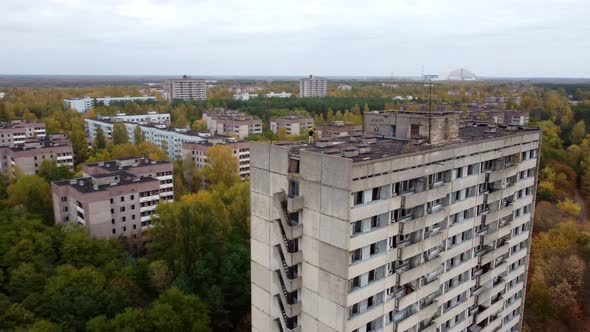 Drone Flight Around the Soviet Highrise Building in Pripyat