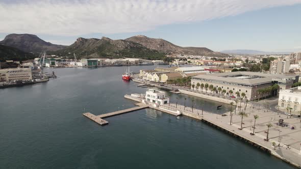 Aerial view of Cartagena city from historic harbour, Andalusia, Spain