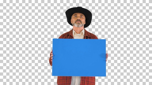 Serious man in cowboy hat looking to camera, Alpha Channel alt