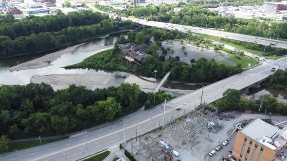 Confluence Park in Columbus, Ohio, aerial drone alt
