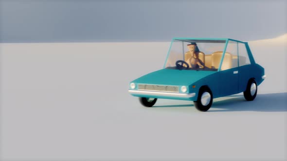 Retro 3D Cartoon Car with dirver. Fictional Automobile Driving and Stopping.