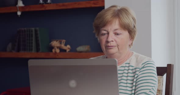 An Elderly Woman is Talking Via Video Communication Via a Laptop alt