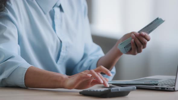 Unknown Female Business Woman Bookkeeper Counting Stack of Hundred Cash Dollars Calculating Salary alt