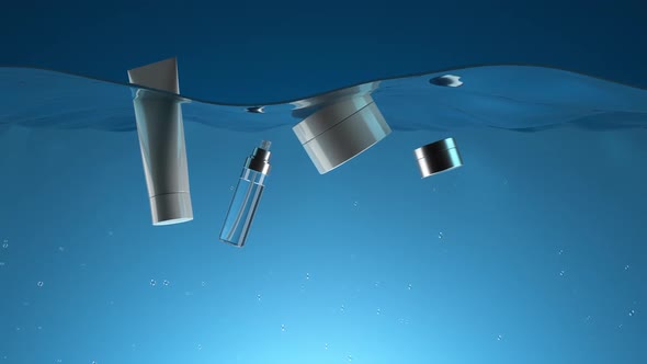 3d render of a set of cosmetics for skin care floating in the water.