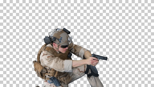 Soldier is shooting from pistol sitting on his knee, Alpha Channel alt