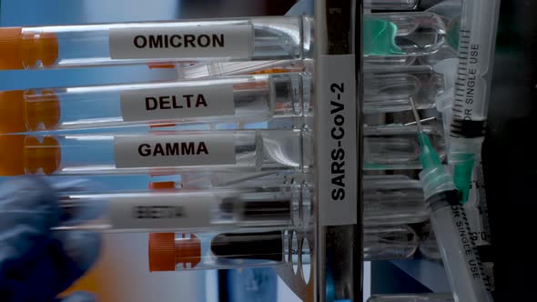SARS COV 2 Test Tubes Labelled Alpha Gamma Delta Beta And Omicron Variants Being Removed From Rack. alt