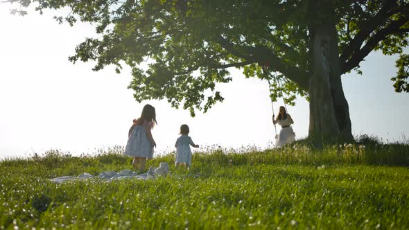 Two Little Sister Girls Run Across a Clean Green Field To Their Mother, Swinging on a Swing. alt