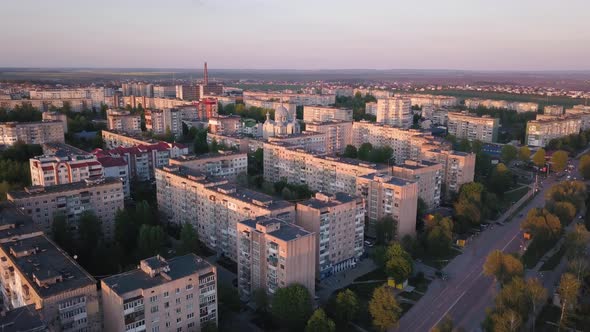 Drone panorama on 10 floors buildings of USSR multistory buildings. Residential blocks of high rise