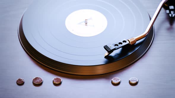 Loopable shot of record player with spinning vintage vinyl playing music, Audio alt