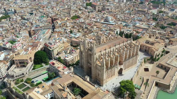 Aerial Drone Video Footage Famous Cathedral La Seu in Palma De Mallorca Spain alt