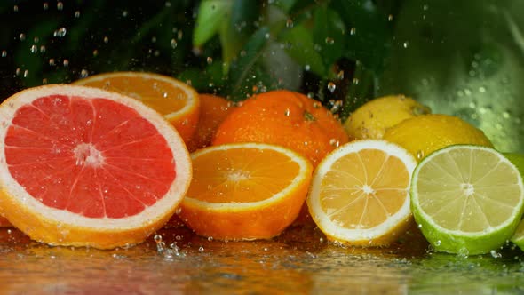 Super Slow Motion Shot of Splashing Water Drops on Variation of Citruses at 1000Fps. alt
