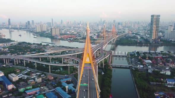 Aerial view of Bhumibol Bridge and Chao Phraya River in structure of suspension architecture alt