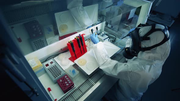 Specialist in a Splash Suit Is Working with Probes in a Laboratory Box. Coronavirus 2019-nCoV alt