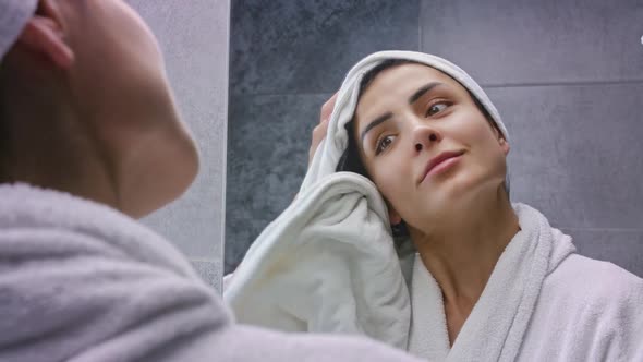 Happy Confident Young Beautiful Woman Doing Long Hair Style Looking in Mirror Smiling Girl Make alt