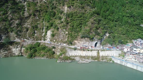 City of Uttarkashi in the state of Uttarakhand in India seen from the sky alt