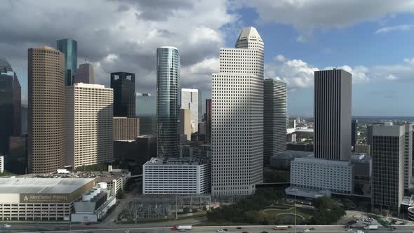 This video is about an aerial of the downtown Houston skyline on a cloudy day. This video was filmed alt