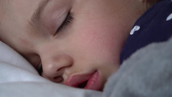 Authentic Cute Little Girl Sleeping Sweetly In Comfortable White and Grey Bed Close Up alt