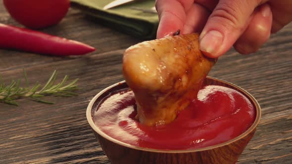 Closeup of a Hand Dipping a Grilled Chicken Wing Into the Ketchup in a Bowl alt
