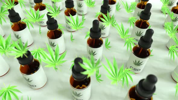 Seamless Loop of A lot of CBD oil bottles with marijuana or cannabis oil leafs in between. White bra