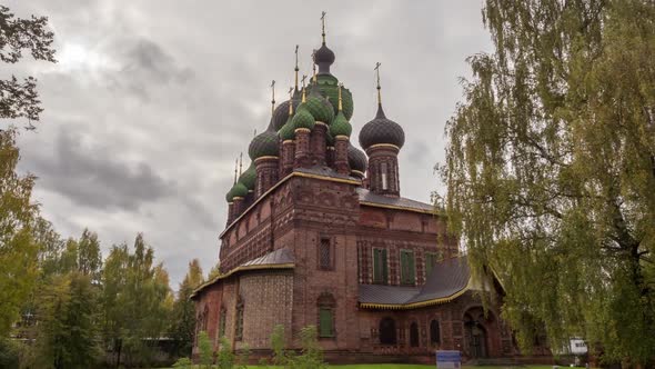 View of the Church of St. John the Baptist in Yaroslavl in front of a cloudy sky. Time lapse