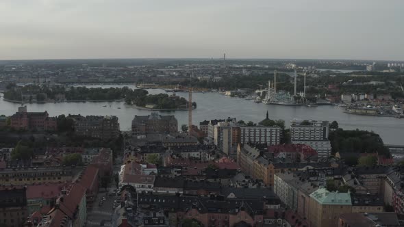 Stockholm, Sweden. Panoramic aerial flying drone view above Södermalm alt