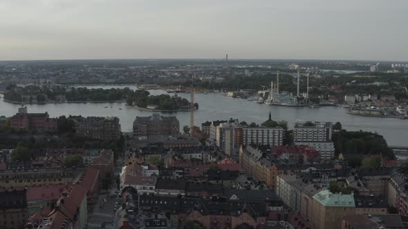 Stockholm, Sweden. Panoramic aerial flying drone view above Södermalm