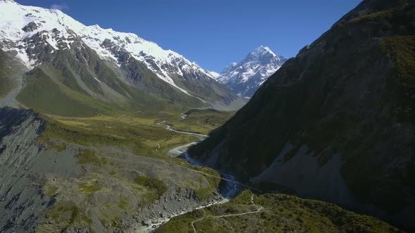 Mt Cook, New Zealand - Aerial view by drone flying over Hooker valley track alt