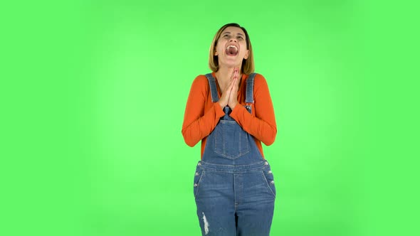 Girl Communicates with Someone in a Friendly Manner. Green Screen alt